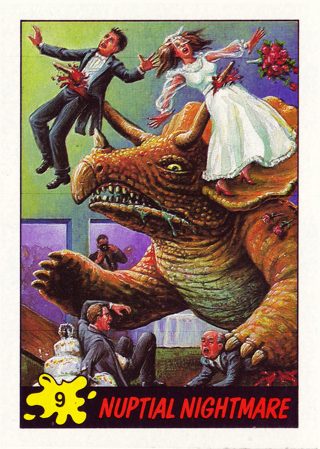 Illustration for article titled These terrifying Dinosaurs Attack! trading cards from the 1980s traumatized an entire generation
